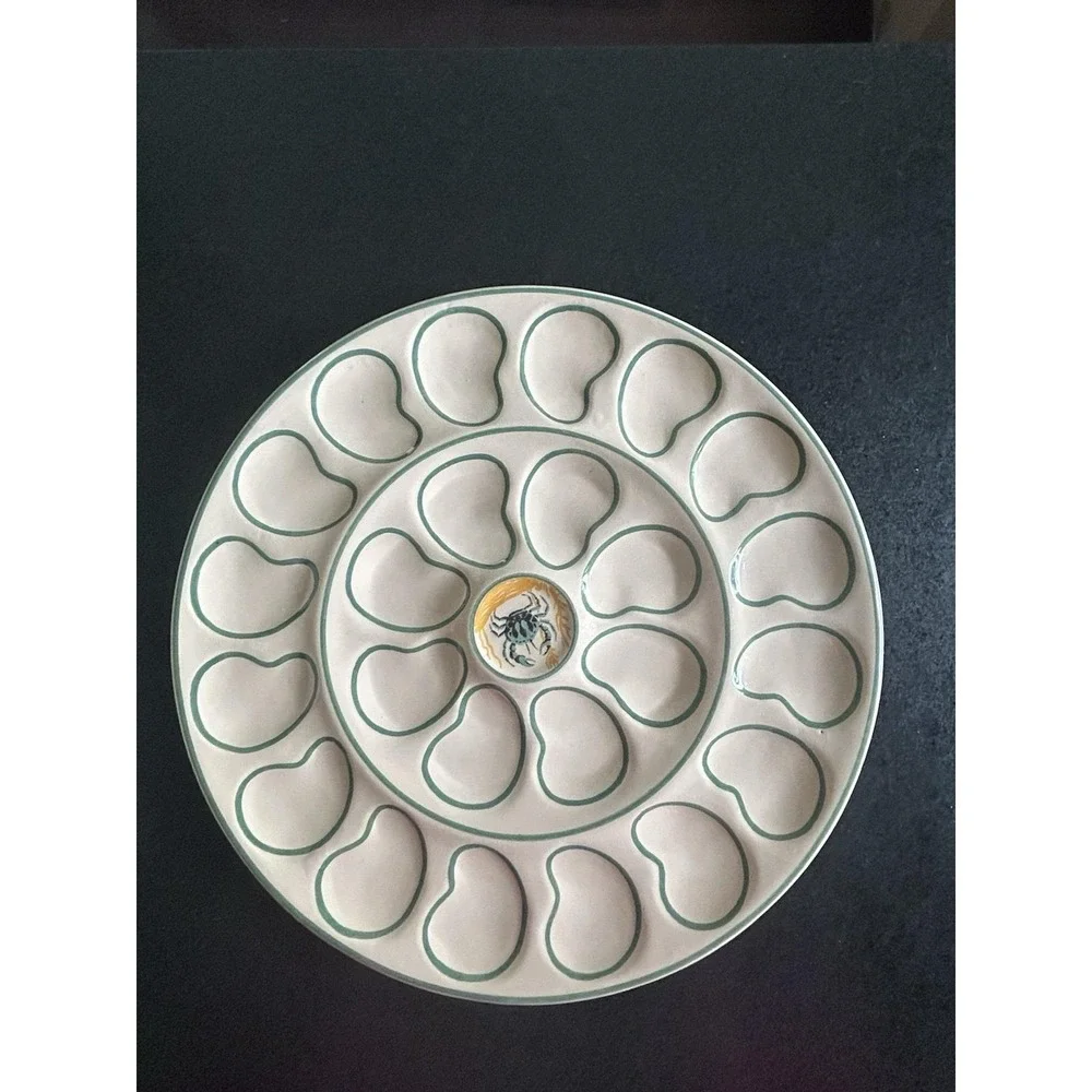 Henriot Quimper Hand Painted Ceramic Crab motif Oyster Plate holding 24 oysters